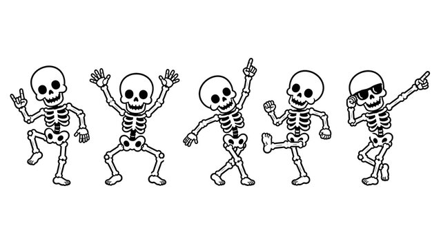 Dancing Skeletons: Five playful skeletons in dynamic poses, showcasing a fun and energetic dance routine, perfect for Halloween or any lighthearted theme.
