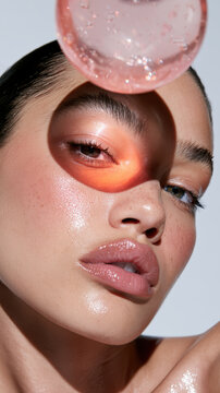 Skin illuminating and hydrating. Young female model presenting a radiant and glowing face with natural fresh makeup and a transparent sphere reflecting light onto her eye