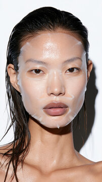 Young asian woman applying a clear hydrogel sheet mask on her face for a modern beauty treatment, promoting skincare, hydration, and self care in a spa like routine