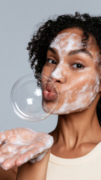 Young woman with beautiful curly hair standing against a gray background, making a bubble with soap foam on her lips, hand full of cleanser, enjoying her daily cleaning facial routine