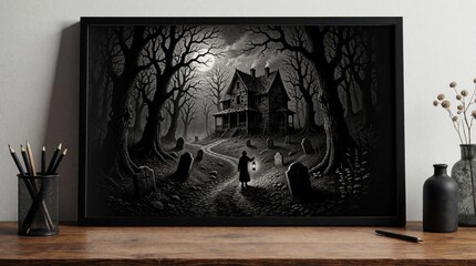 Fototapeta premium Dark monochrome illustration of spooky haunted forest. Lonely figure with lantern walks through cemetery towards old mansion under full moon. Scary graveyard with tombstones, bare trees creates