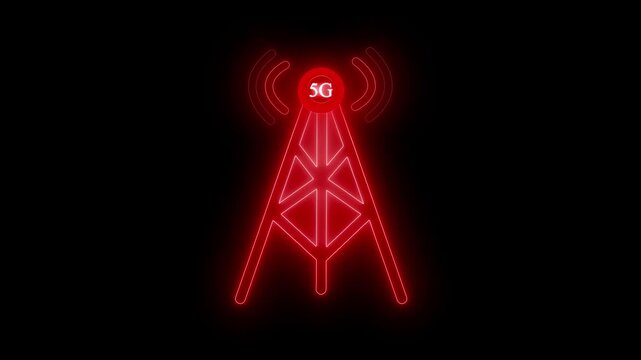Neon-style 5g tower icon on black background, glowing antenna signals, minimal futuristic tech symbol animation