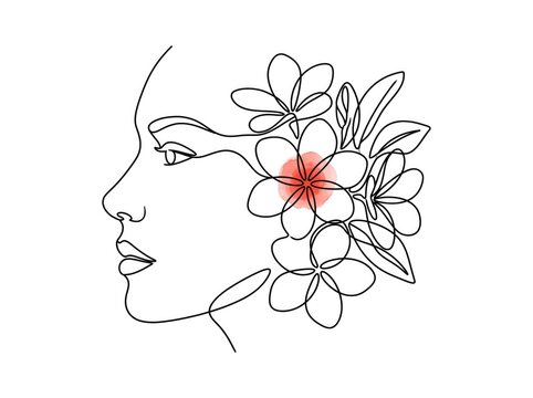Woman profile with flower - line art floral portrait illustration