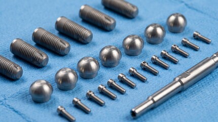 Fototapeta premium Precision titanium dental implant components arranged on a sterile blue background