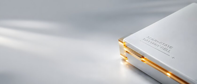 Macro close up of futuristic solid-state battery cell hardware component with glowing gold terminals, electric vehicle EV technology and sustainable renewable energy storage concept 