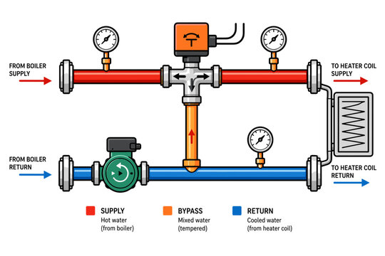 HVAC mixing loop vector icon. Linear hydronic pumping shunt and regulating valve element for ventilation air heater coil.