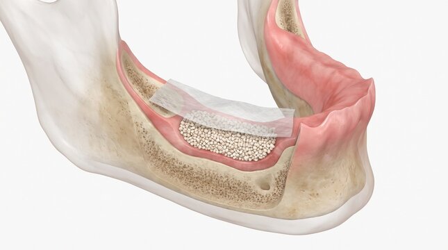 Bone graft reconstruction of the jawbone with biomaterials and membrane