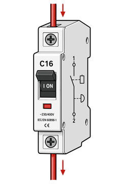 Modular circuit breaker vector icon. Linear electrical switchboard engineering element of single pole miniature circuit breaker (MCB) for DIN rail.