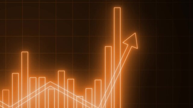 Neon-style histogram chart on black background with glowing edges, rising bars peaking mid-left then descending animation