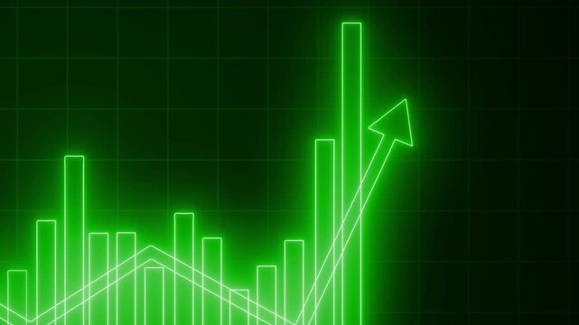 Neon-style histogram chart on black background with glowing edges, rising bars peaking mid-left then descending animation