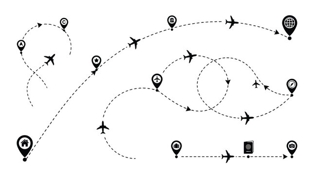 Set of travel route map pins with dashed lines and airplane icons