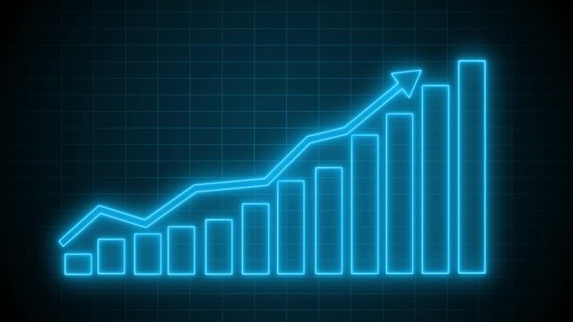 Neon-style line bar chart with ascending and descending bars and an upward arrow animation on a black background