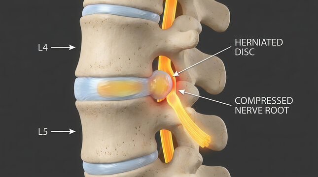 Difference between Bulging Disc and Herniated Disc. Stages of Spinal Disc extrusion. Graphic illustration
