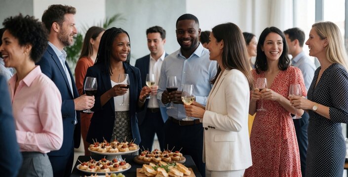 Diverse group of business people mingle at corporate networking event. Multiethnic professionals drink wine, talk during informal office mixer. Colleagues enjoy snacks, conversation in bright modern