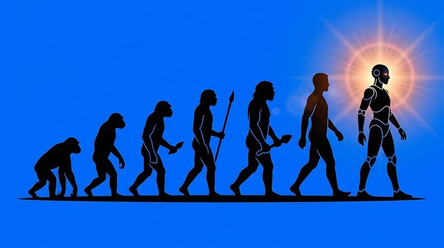 Evolution of human from ape to futuristic man silhouette