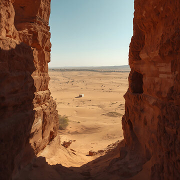 Desert landscape view through rock canyon. Natural sandstone arch framing a vast arid valley.