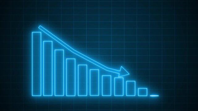 Neon-style bar chart showing descending bars with downward arrow animation