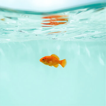 Small orange goldfish swimming underwater. Vibrant aquatic pet in clear blue water tank.