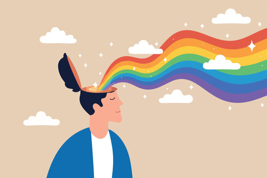 Mental state of happiness, good mood or positive thinking mind, emotional therapy or brain treatment concept, man with open head and happy rainbow wave from inside his brain around cloud