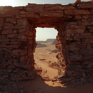 Ancient stone archway in desert. Historic ruins framing a vast sandy landscape.