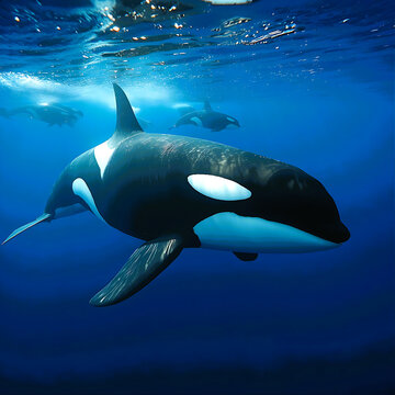 Killer whale swimming in deep blue ocean. Majestic orca whale underwater in natural habitat.