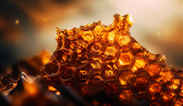 Detailed view of honeycomb against a warm golden backdrop, highlighting the unique patterns and glistening surface.