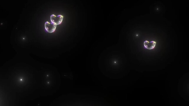 Floating glowing heart bubbles and sparkling stars drifting across dark night sky motion background effect with floating gracefully against video iridescent heart bubbles luminous white