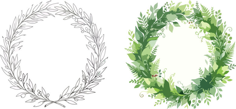Set of two decorative floral wreaths, one line art sketch and one colorful botanical illustration