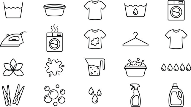 Laundry care and washing instruction line icon set with machine iron clothes detergent and care symbols