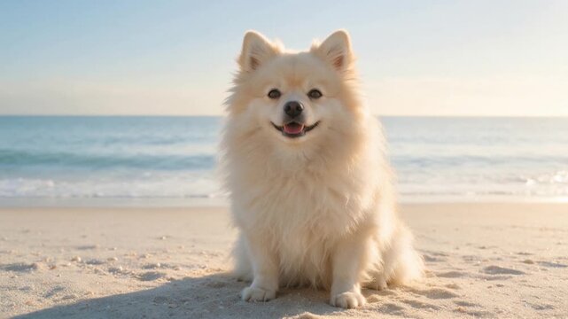 german spitz dog close up on german coast beach morning light video