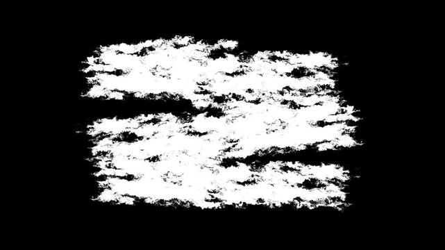 Abstract white paint brush stroke reveal motion graphic, grunge chalk texture frame transition overlay, video editing matte element, artistic banner border visual on black background. 4k video