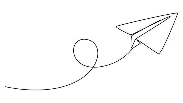 Self animated minimalist continuous one line illustration of a paper airplane flying along a curved path, Continuous line paper plane animation, airplane vector art video. Abstract doodle email, mail 