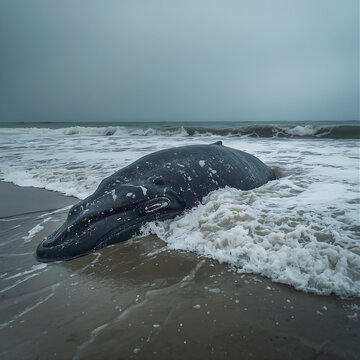 Stranded dolphin on a sandy beach. Marine mammal washed ashore by ocean waves.