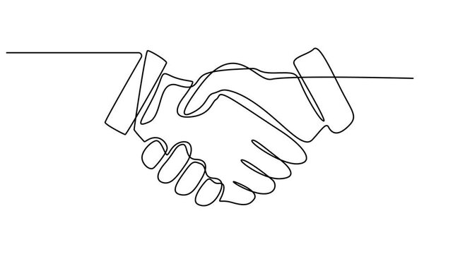 One line drawing handshake, animation with alpha channel, Hand line handshake people continuous business outline partnership vector together. Line hand handshake art concept trust deal agreement one