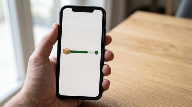 Close-up of a smartphone screen displaying a plain delivery status progress bar with a package icon held in a hand. Cyber Monday e-commerce photo for delivery app marketing.