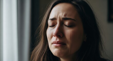 Fototapeta premium close-up portrait of a distressed young woman crying with eyes closed and tears streaming down her face in soft light