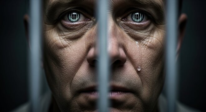 close-up portrait of a crying man behind prison bars with tears on his cheek and bar reflections in his eyes