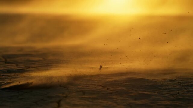 Low angle desert ground with cracked soil, rippled sand, and windblown dust moving across surface under bright golden backlight, with desert, sand, dust, dry detail