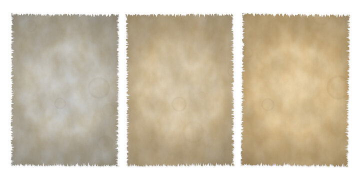 Set of three vintage parchment paper sheets with torn edges isolated on transparent background