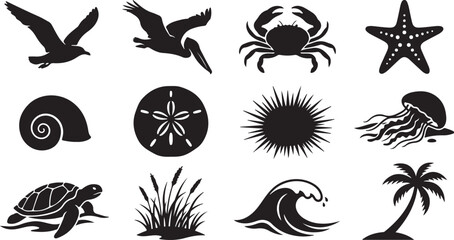 Set of black silhouette featuring coastal and marine like seagulls, shells, crabs, waves, and palm trees on white background © RobiulIslam