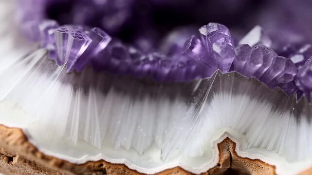 Panoramic macro motion of amethyst geode interior with shifting focus revealing layered quartz facets, purple crystal terminations, white fans, and rich mineral texture
