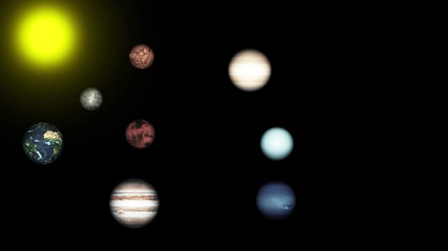 Animation of the sun and several planets floating in black space, showing a simple solar system layout with glowing light, colorful worlds, and a dark cosmic background