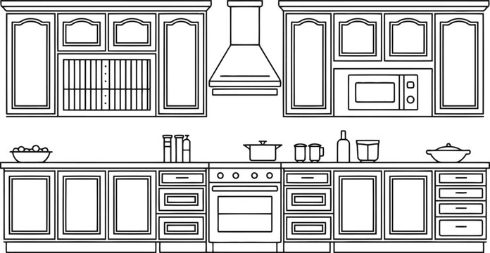 Kitchen cabinet elevation with stove, microwave, and range hood line
