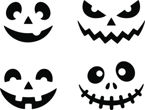Halloween pumpkin faces stencil set, scary jack o lantern silhouettes vector illustration