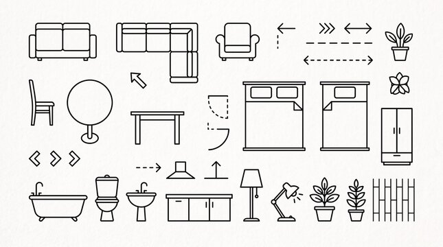 Floor plan furniture icons: sofas, chairs, tables, wardrobes, bathtubs, sinks, beds, toilets, counters, lamps, plants, decor &mdash; interior design symbols.