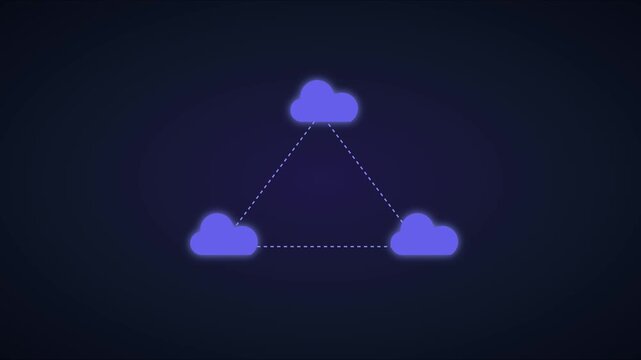 Cloud computing network connection concept with glowing triangle nodes and data syncing technology animation 4k