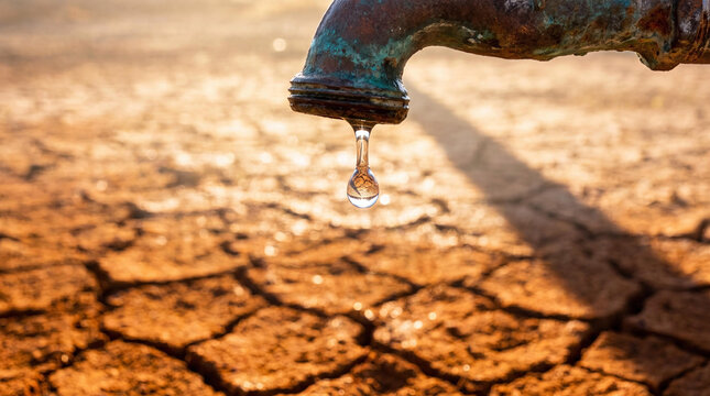 A single drop of water falling from a rusty outdoor tap onto parched and cracked earth representing the global environmental crisis of drought