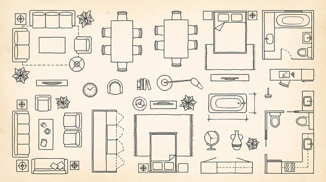 Floor plan furniture icons: sofas, chairs, tables, wardrobes, bathtubs, sinks, beds, toilets, counters, lamps, plants, decor &mdash; interior design symbols.