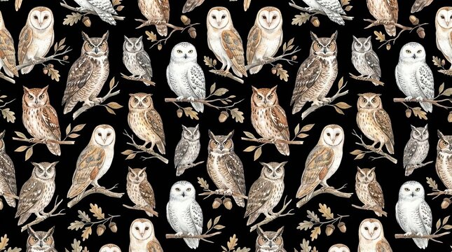 Seamless owl bird pattern on black.
