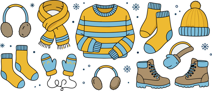 Set of winter clothes and accessories for cold weather, including sweater, scarf, hat, mittens, socks, boots and earmuffs